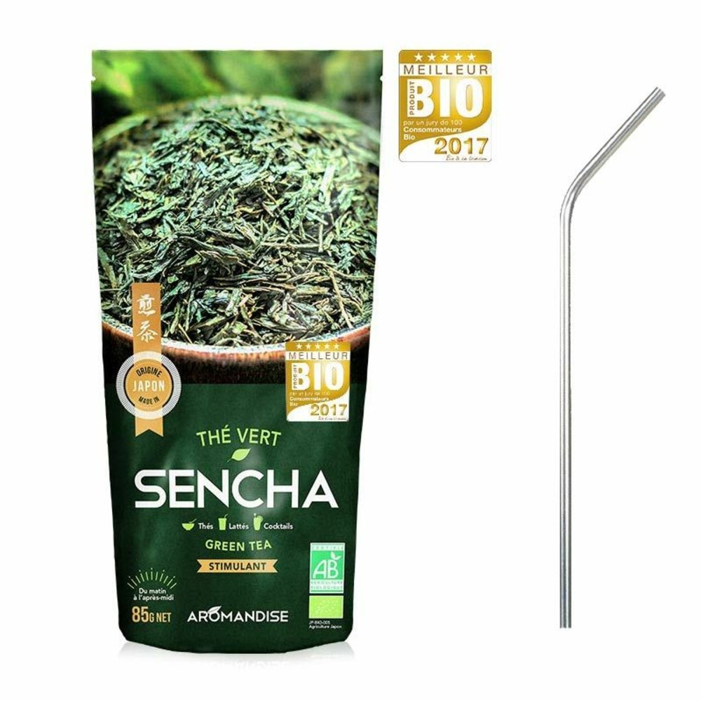 Thé vert bio sencha japonais + 4 pailles en inox