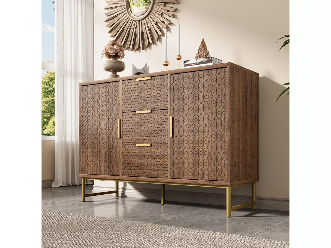 Commode avec 3 tiroirs et 2 portes, compartiments réglables, anti-basculement, 120 x 40 x 75 cm, Panneau de particules et métal, noyer