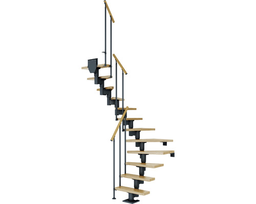 Pertura Spiros middentrap, antraciet, halve draai, 65 cm, eiken gelakte balustrade, 11 treden / 12 stootborden
