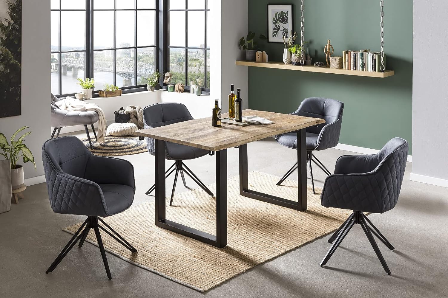 SAM Baumkantentisch 200 (300) x 100 cm Noar, Mangoholz massiv, lackiert & naturfarben, Esstisch mit U-Metallgestell in Mattschwarz, echte Baumkante, inkl. 2 Ansteckplatten