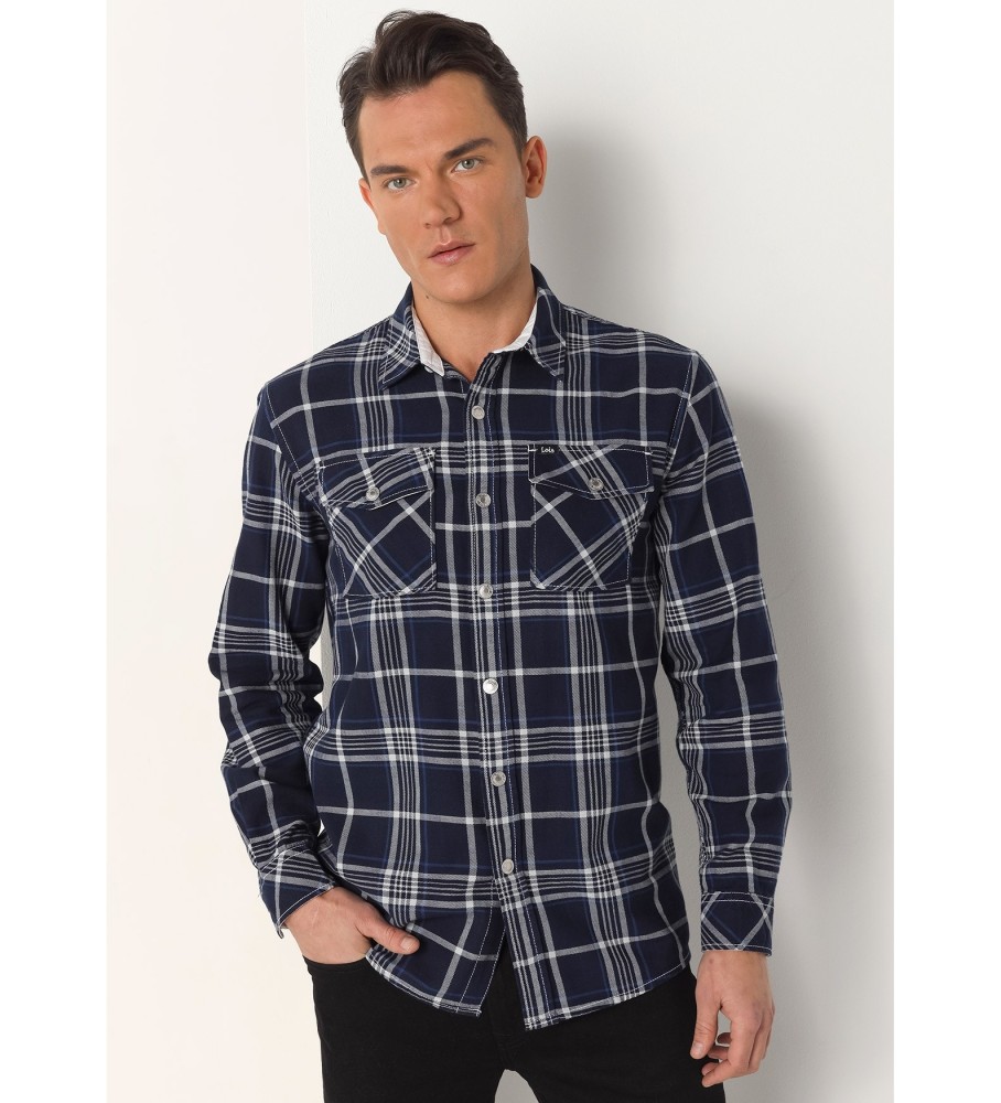 Camisa xadrez Lois acima do joelho com botões metálicos azul-marinho