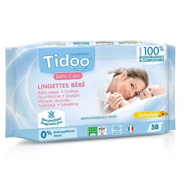 Lenços umedecidos compostáveis de calêndula Tidoo Baby Care, orgânicos e sem perfume, 58 unidades.