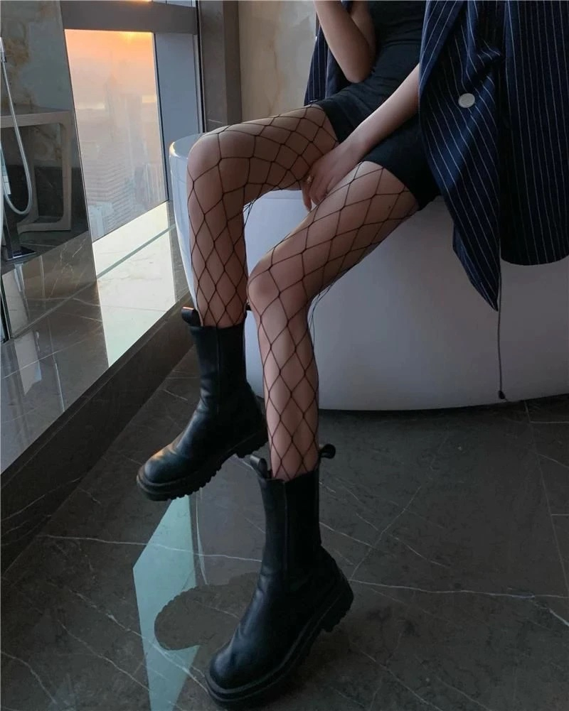 Mesh Damen Strumpfhose Fashion Stretch Netzstrumpfhose Mittlere Maschen (OneSize) - Schwarz
