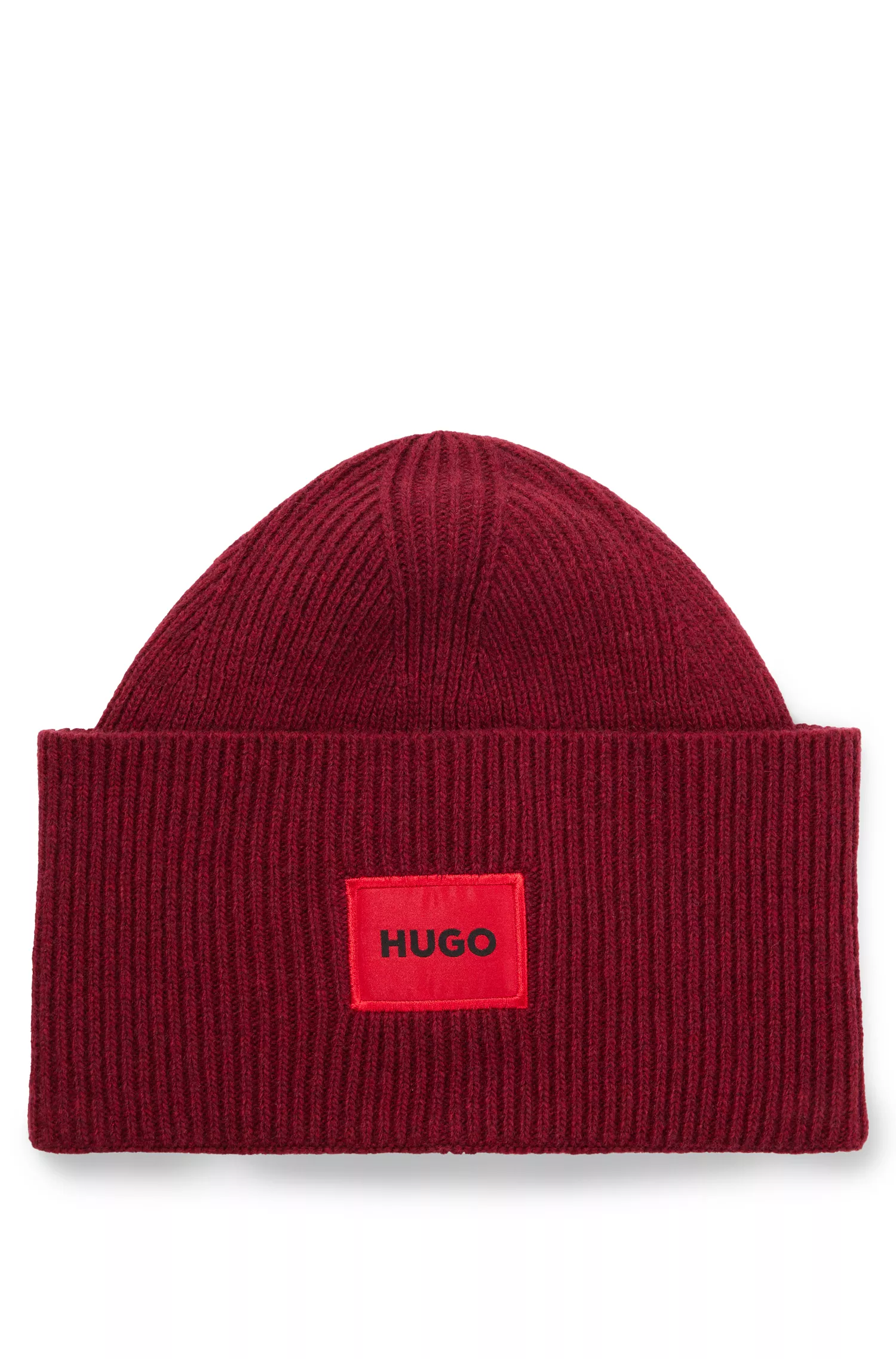 Gorro HUGO com etiqueta vermelha e logo em uma mistura de lã canelada.