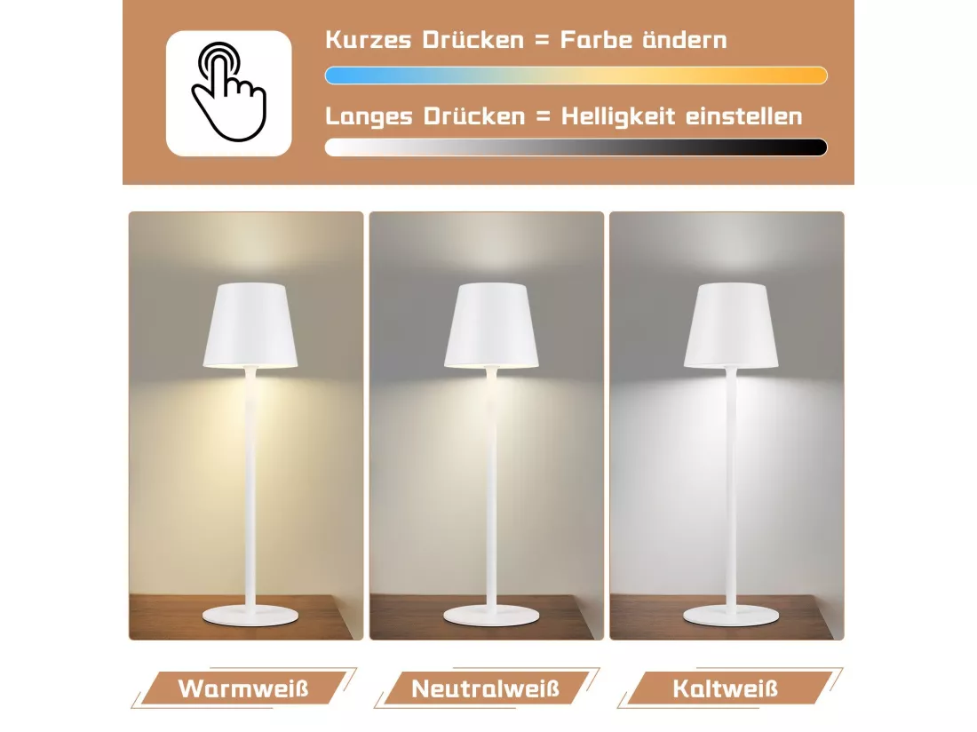 Nettlife Lampe de chevet sans fil, LED 2600mAh, lampe de table extérieur rechargeable, tactile, blanche, avec prise USB