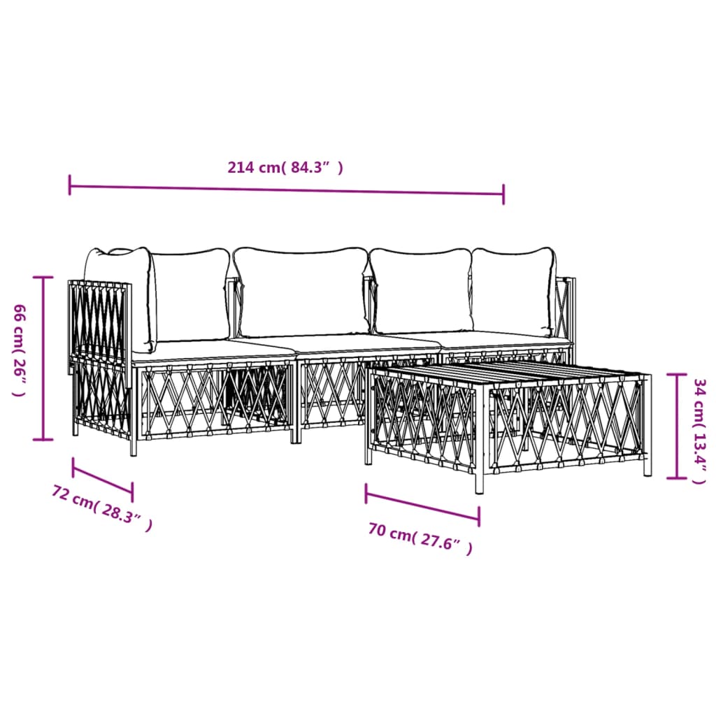 Salon de jardin meuble d'extérieur ensemble de mobilier 4 pièces avec coussins blanc acier