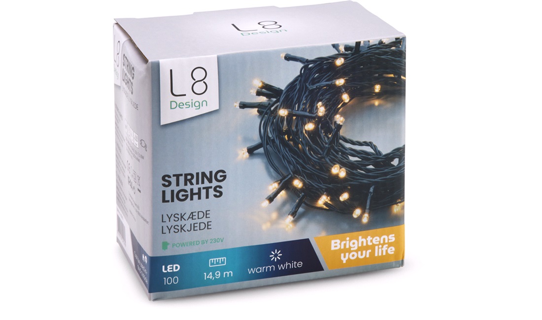 Lyskæde 100 LED, 10m med 220V, ude/inde