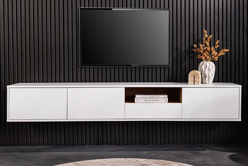 Hängendes TV-Board LOFT 200cm weiß natur sieben Fächer mit Schublade