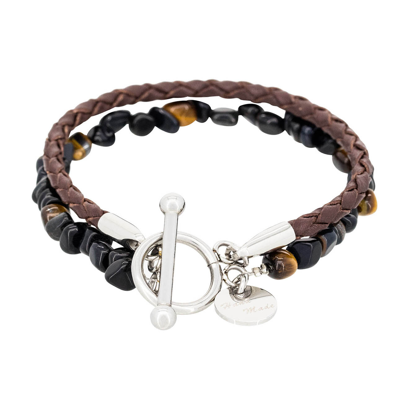 Jacobson Bracelet double Blue Tiger Eye en Acier, Cuir & Oeil de Tigre marron