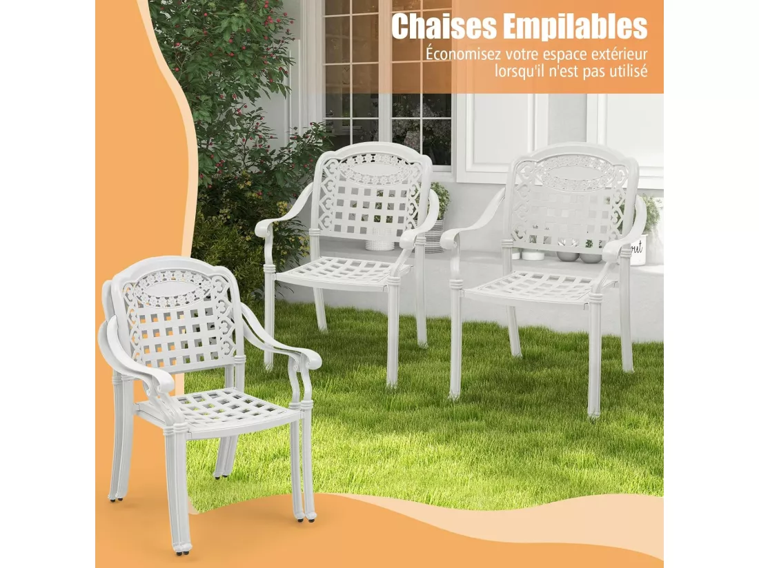 Ensemble de 2 Chaises de Terrasse en Aluminium Coulé, Chaises de Salle à Manger Extérieures avec Accoudoirs, Chaises Empilables pour Jardin, Cour (en Damier, Blanc)