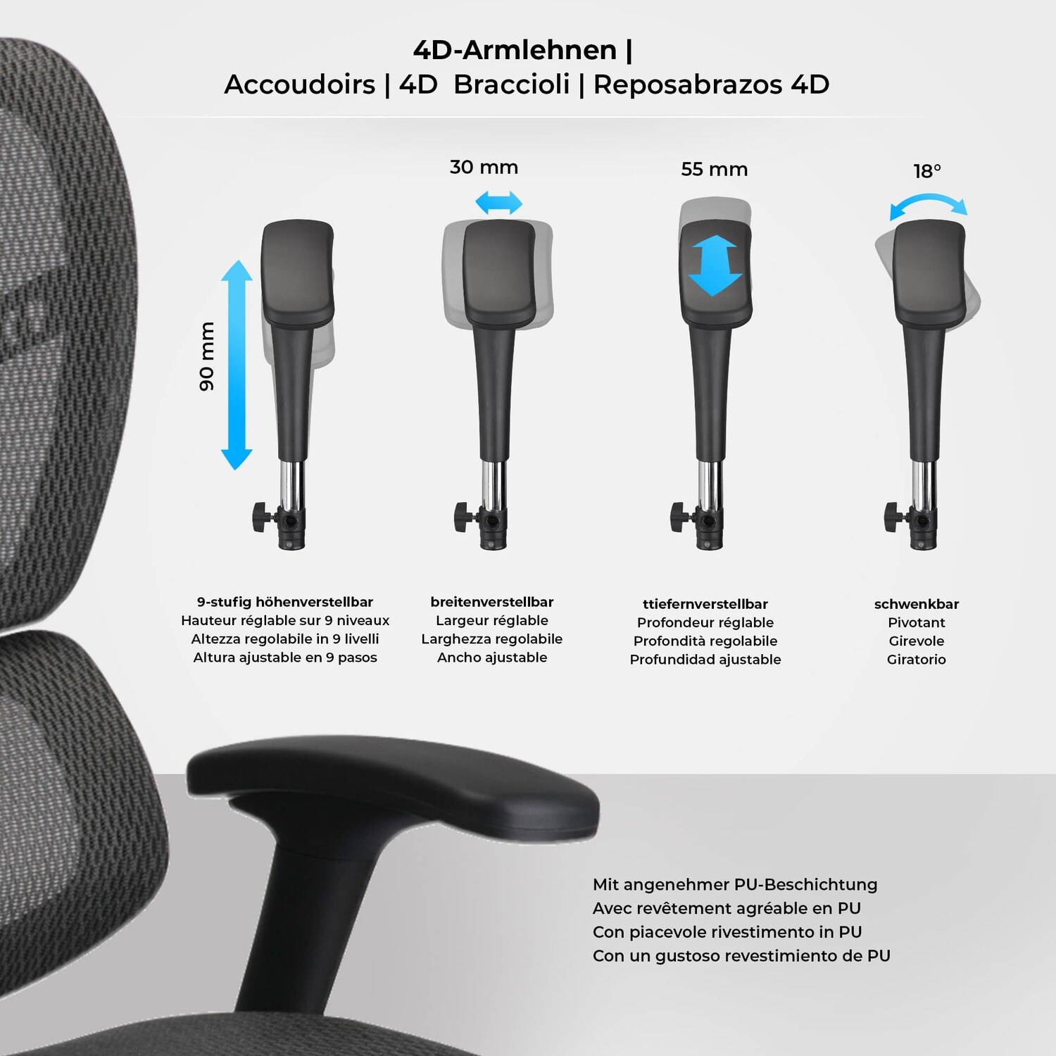 TPFLiving Bürostuhl Norman Ergonomic mit Netzbezug Grau