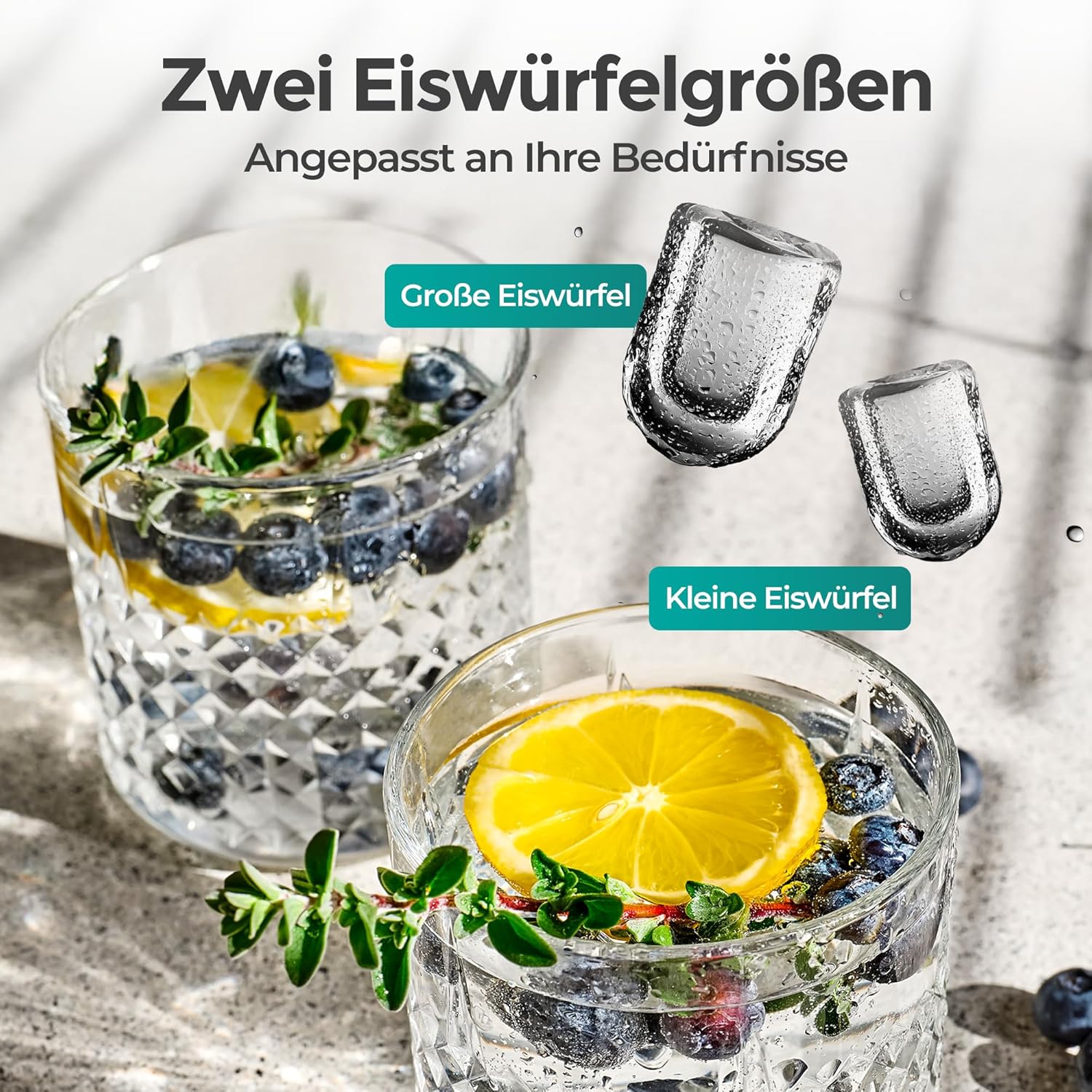 KLAMER Eiswürfelmaschine klein (2025), 8 Eiswürfel in 8 Minuten, 11 kg Eiswürfel pro Tag, 2 Eiswürfelgrößen, 1 L Wassertank, Geräuscharmer Eiswürfelbereiter mit Eisschaufel und Tragegriff