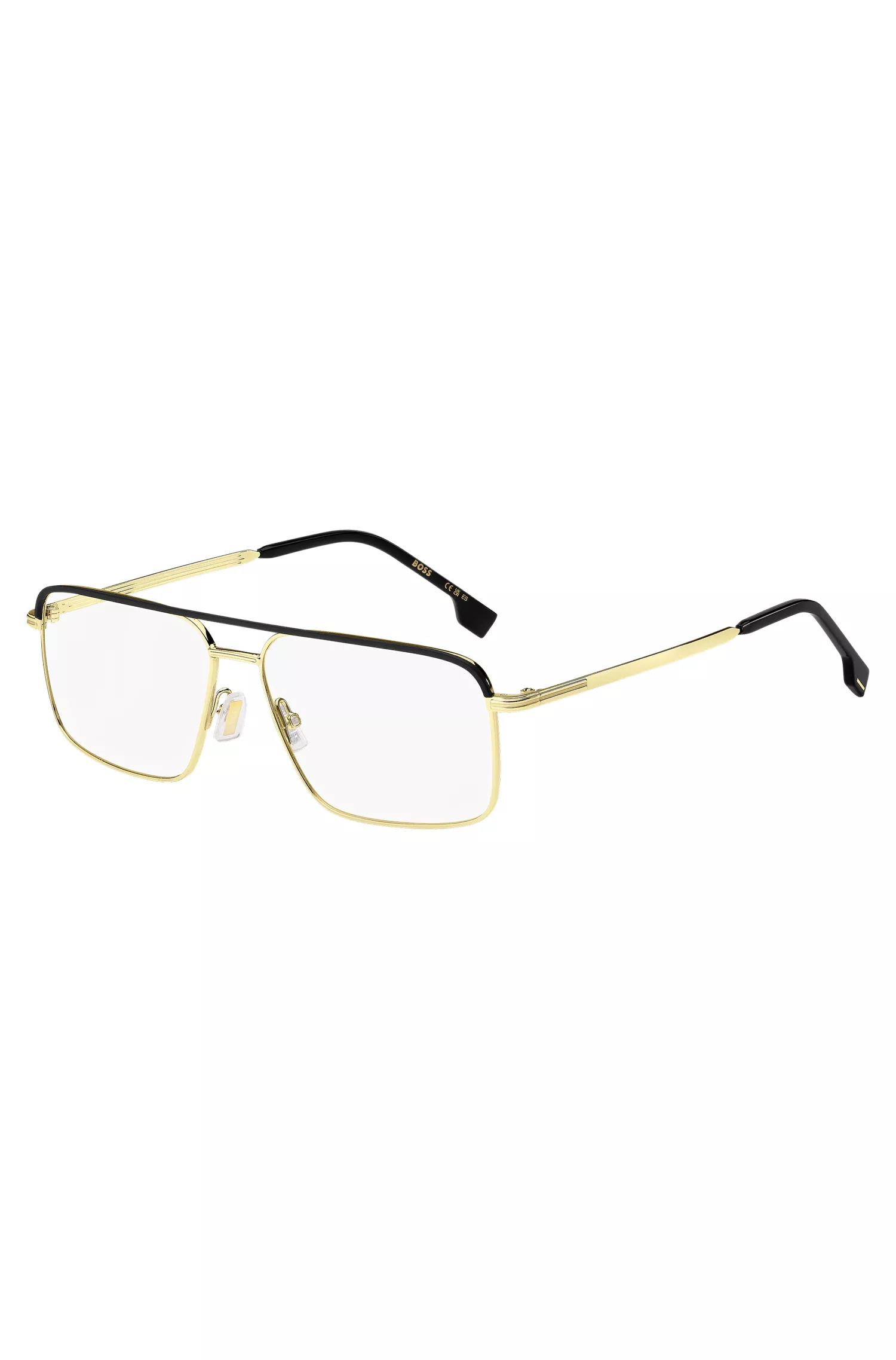 Armações de óculos BOSS Black-Steel com acabamentos em preto e dourado.
