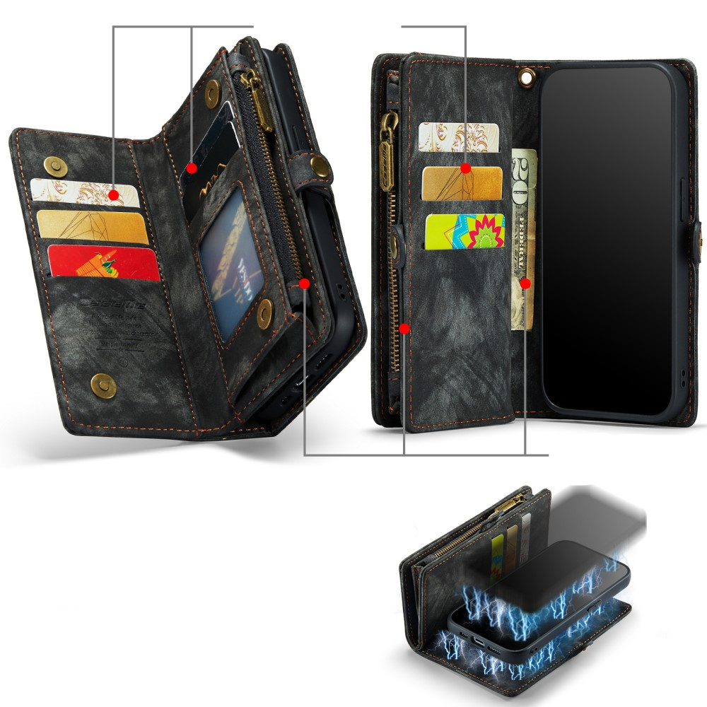 iPhone 15 Pro 2in1 Leder Tasche   Magnet Hardcase Karten Etui - Schwarz
