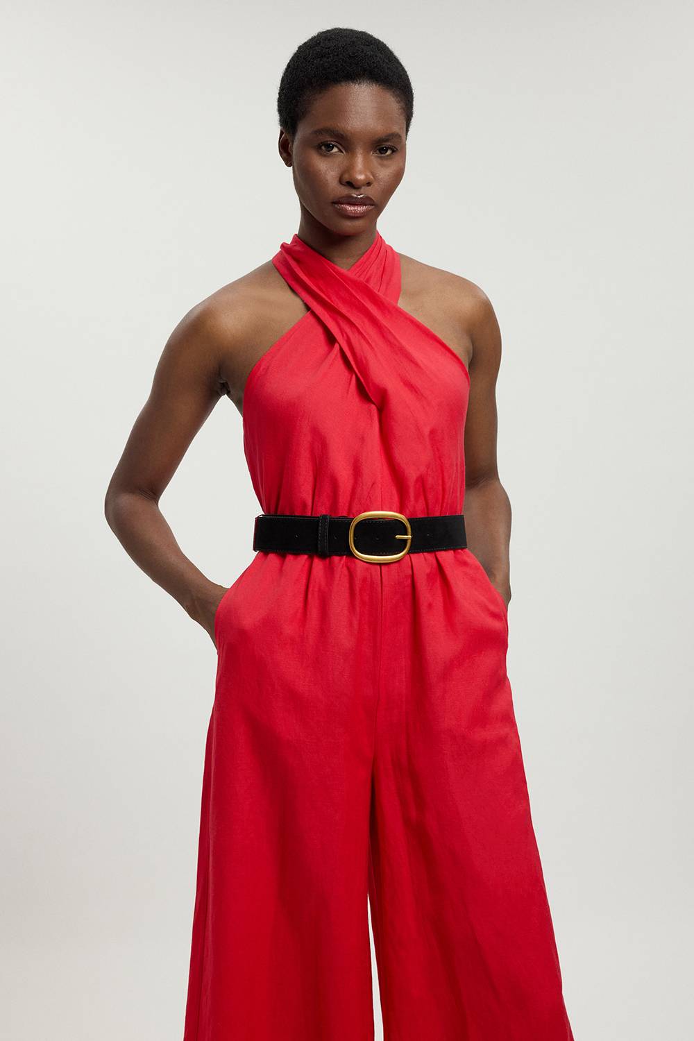 KarenMillen Combinaison Tissée Petite Taille À Col Licou Ceinturée En Viscose Lin