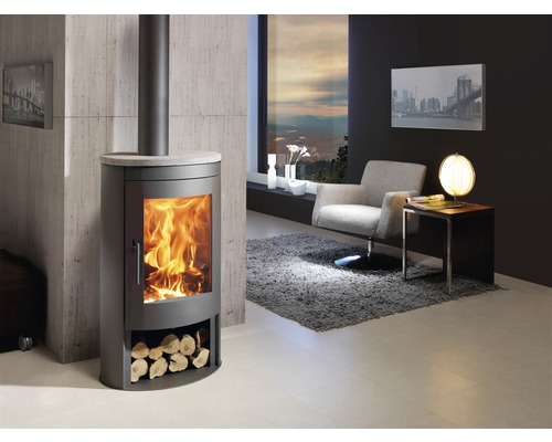 Panadero Oval 1 stalen zwarte houtkachel, 8,7 kW, met natuurstenen afdekking en houtvak