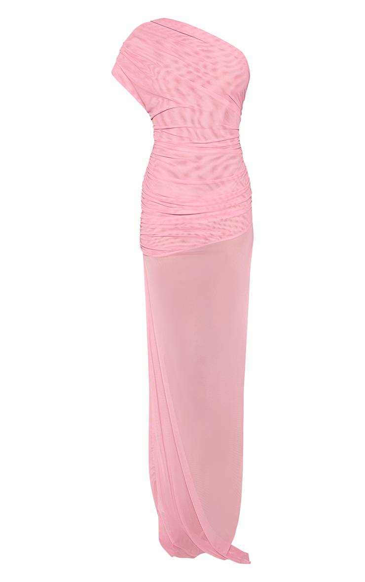 Rose Bébé Robe Longue Rose En Mesh Froncée Asymétrique Avec Fente Haute