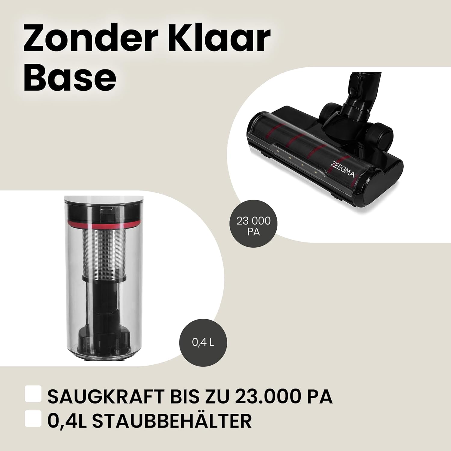 Zeegma ZONDER KLAAR Base Kabelloser aufrechter Staubsauger 250 W / 23 000 Pa, Laufzeit bis zu 55 Min., 3 Betriebsmodi, LED-Bürstentechnologie, intelligenter Staubsensor, Nassbodenreinigungsfunktion