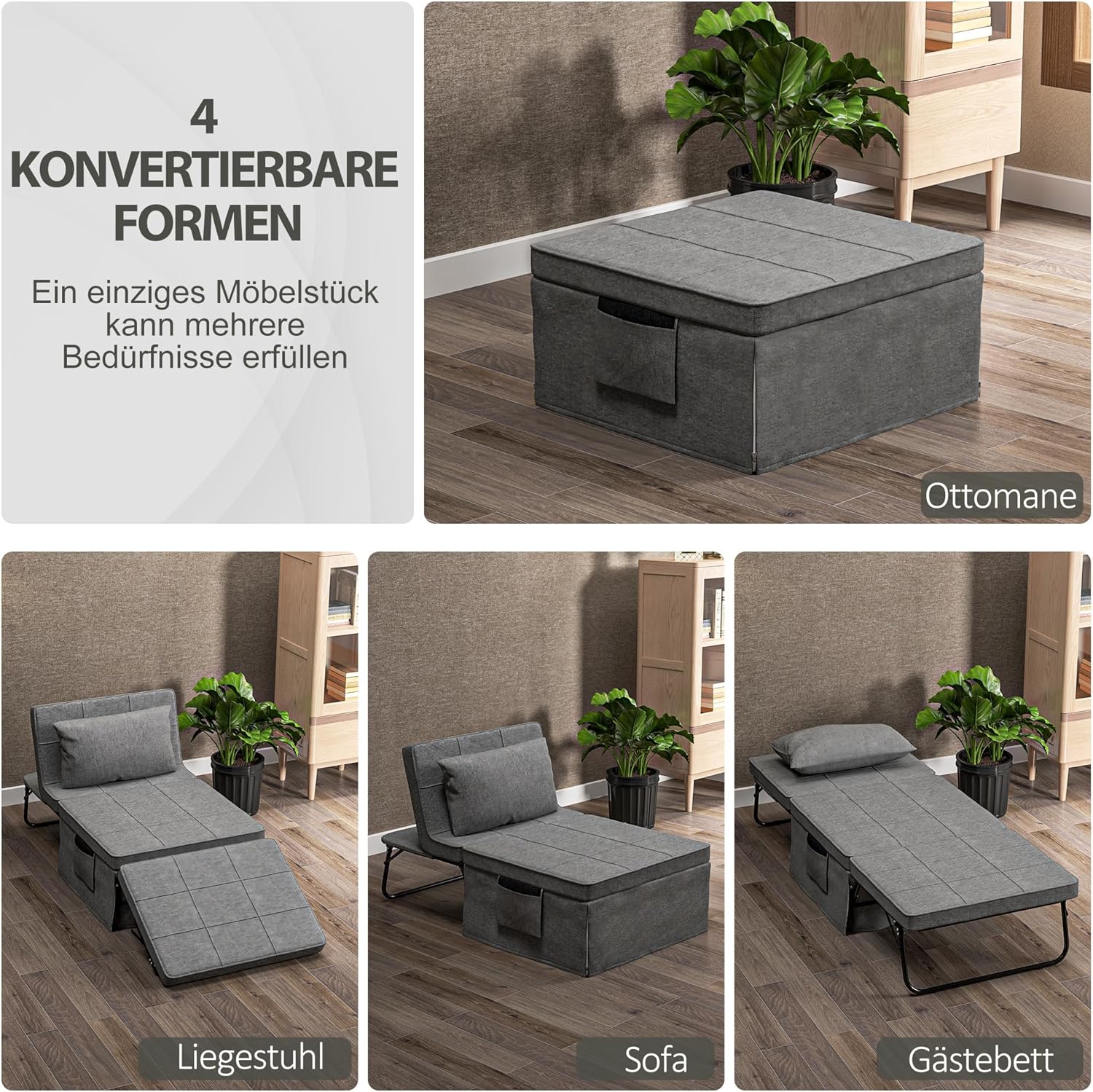 HOMCOM 4-in-1 Klappbett 75x190 cm, Erwachsene Gästebett Klappbar mit 8 cm Dicker Schaumstoff, Reisebett mit Metallrahmen, 5-stufig höhenverstellbares Einzelbett mit Kissen, bis 150 kg belastbar