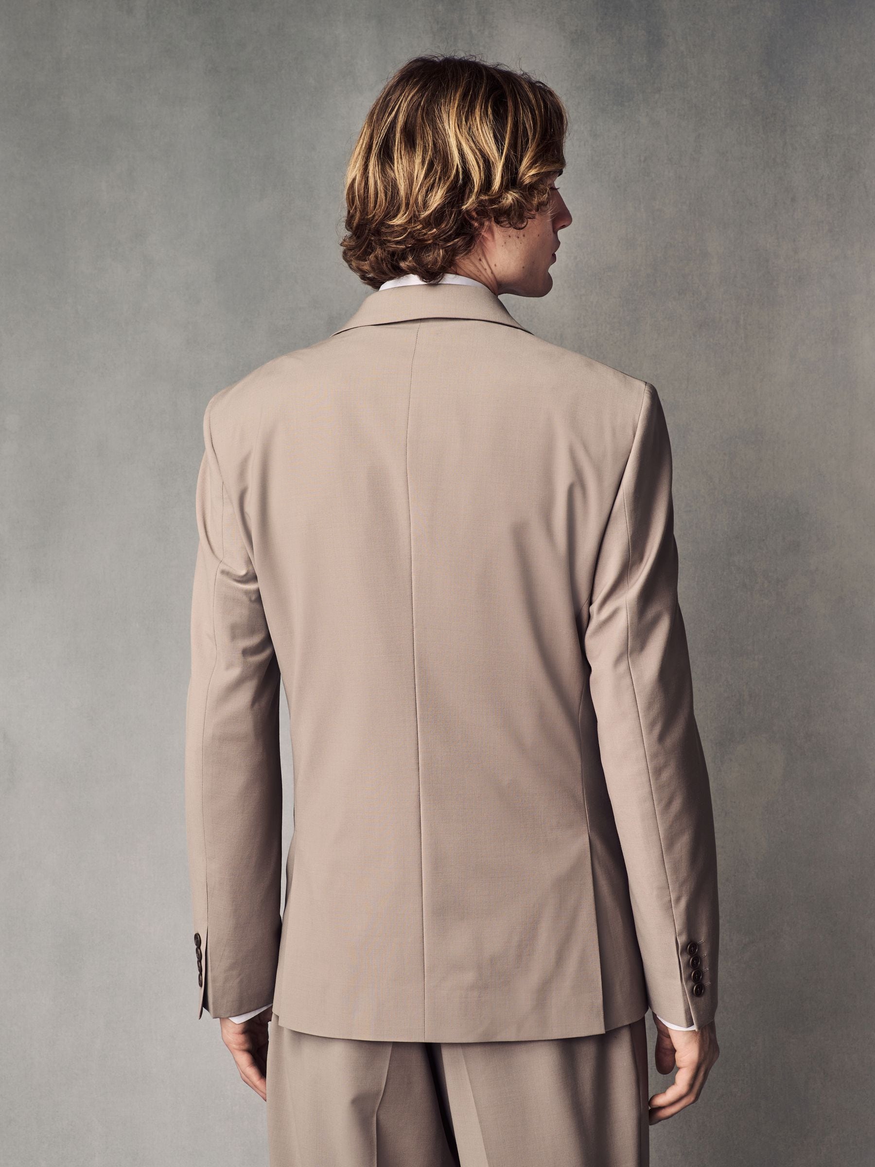 Pastelgeel - Slim fit Jack van wol Blend Motionflex Pak