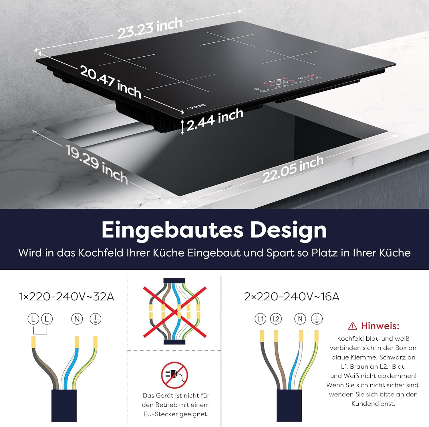 CIARRA CBBIH4B 4 Zonen Einbau Induktionskochfeld 60 cm mit Power Booster Touch-Bedienung Kochfeld Induktion 9 Leistungsstufen Timer Kindersicherung Restwärmeanzeige Pause- und reStart-Funktion 7200W