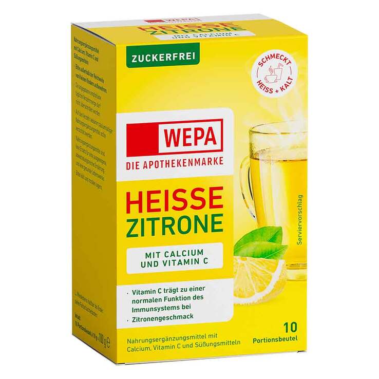 Wepa heiße Zitrone + Vitamin C + Calcium zuckerfrei Pulver, 10X10 g