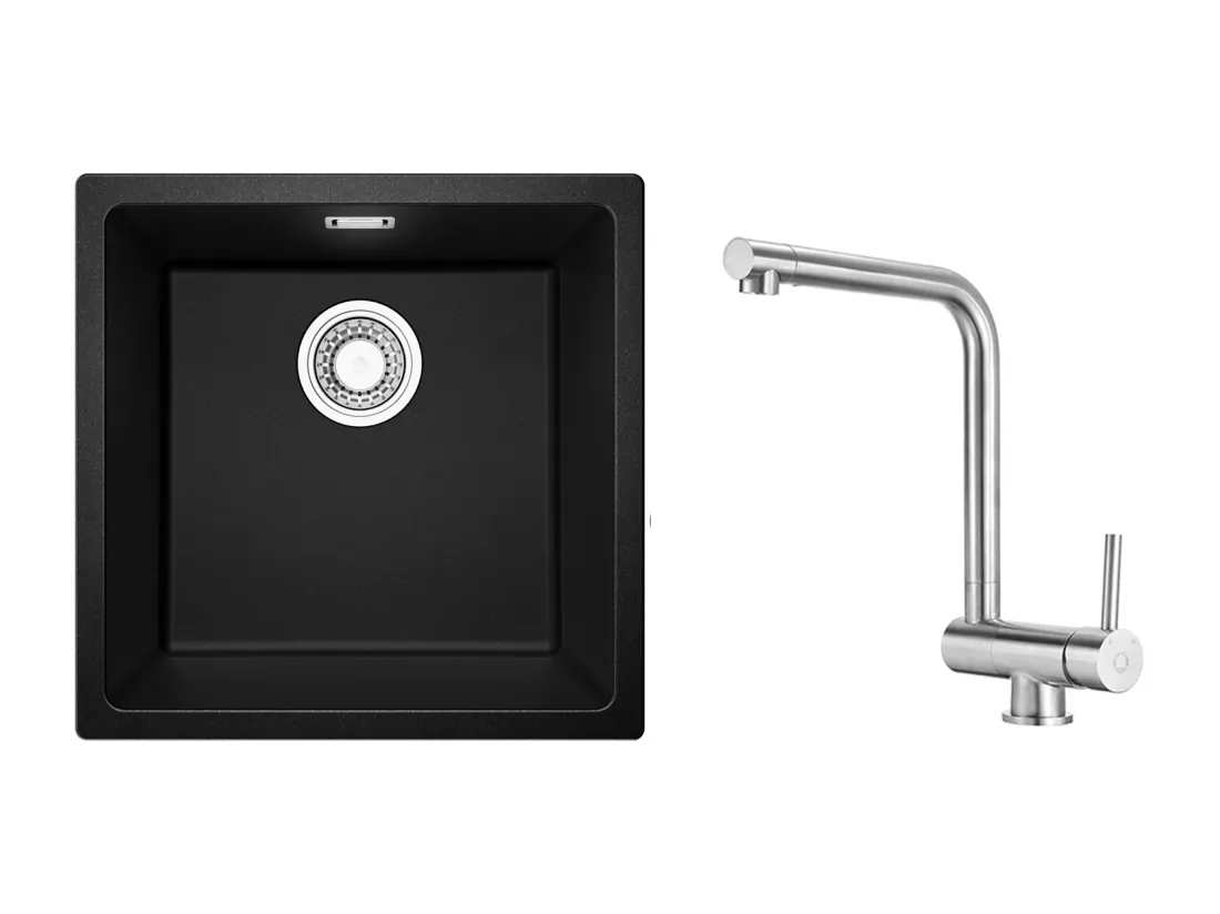 Evier 1 Bac en Quartz et Résine, 3 Options de Montage, 45*44*20cm + Mitigeur de Cuisine Rabattable Brossé