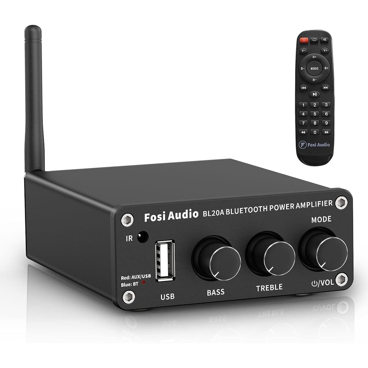 Fosi Audio BL20A 200W Bluetooth 5.0 Home Audio Stereoforsterker Hi-Fi Mini Class D integrert forsterker med U-Disk/3,5MM AUX/RCA-inngang og fjernkontroll