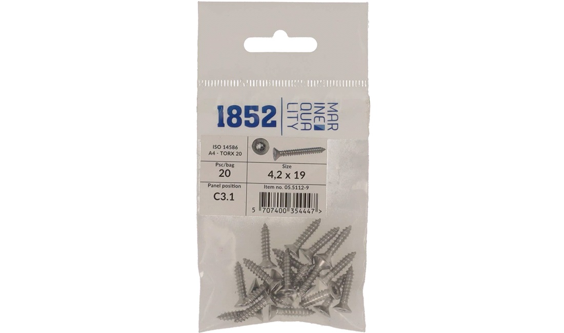 Skrue undersænk 4,2x19 a4 torx 20 stk iso 9478-4