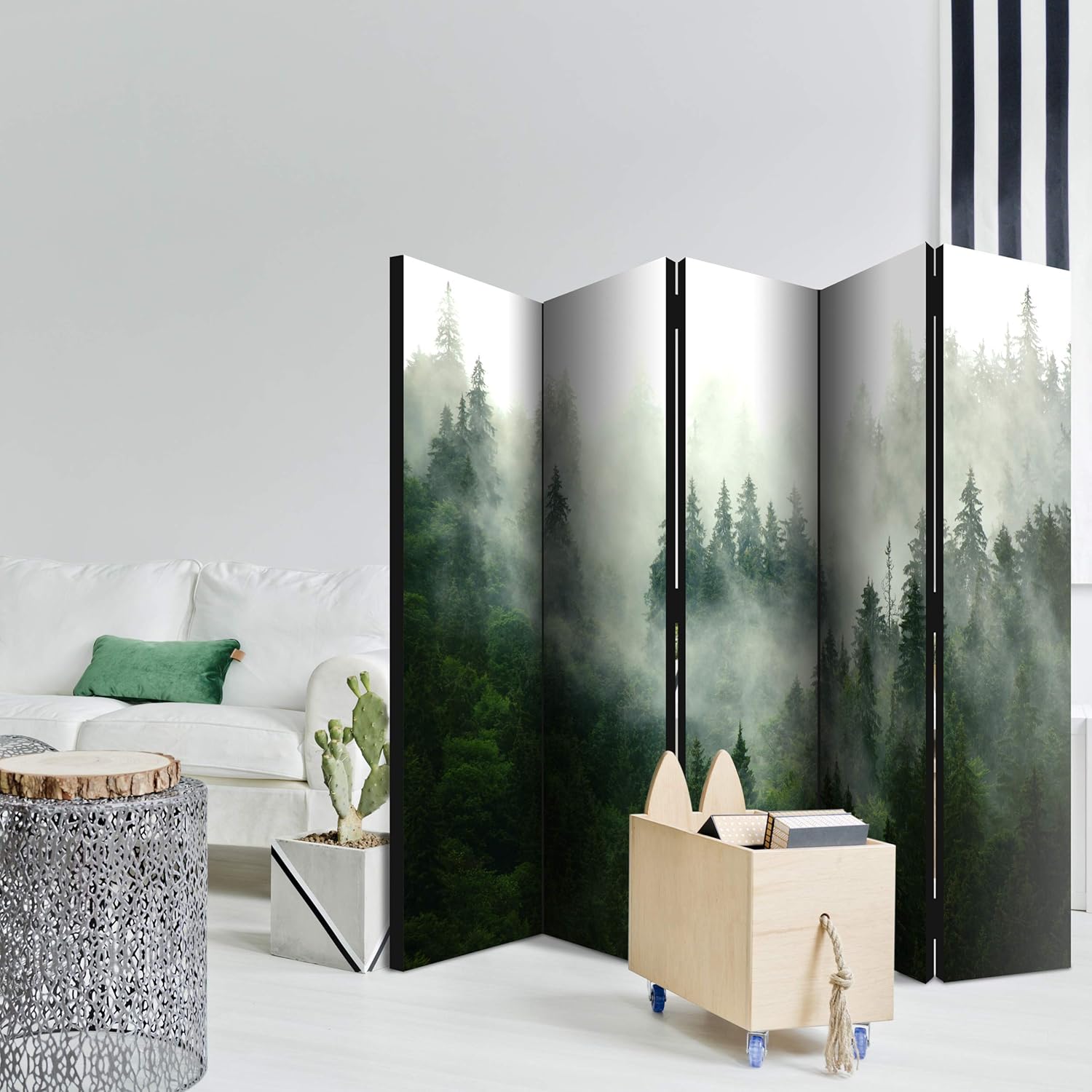 decomonkey Paravent Raumteiler Innen Landschaft 225x172 cm 5 Teilig Einseitig Room Divider Wall Raumteiler Stehend Trennwand Sichtschutz Spanische Wand Sichtschutzwand Wohnzimmer Holz Wald Baum