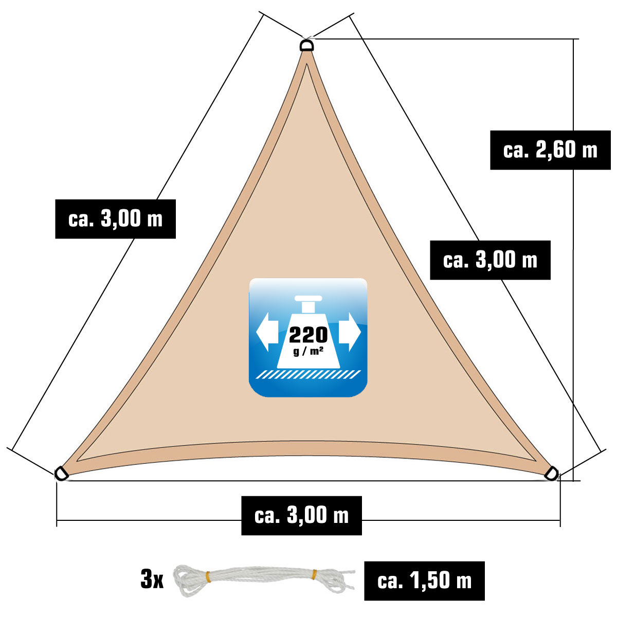 AMANKA 3 x 3 x 3 luchtdoorlatend UV schaduwdoek - Beige