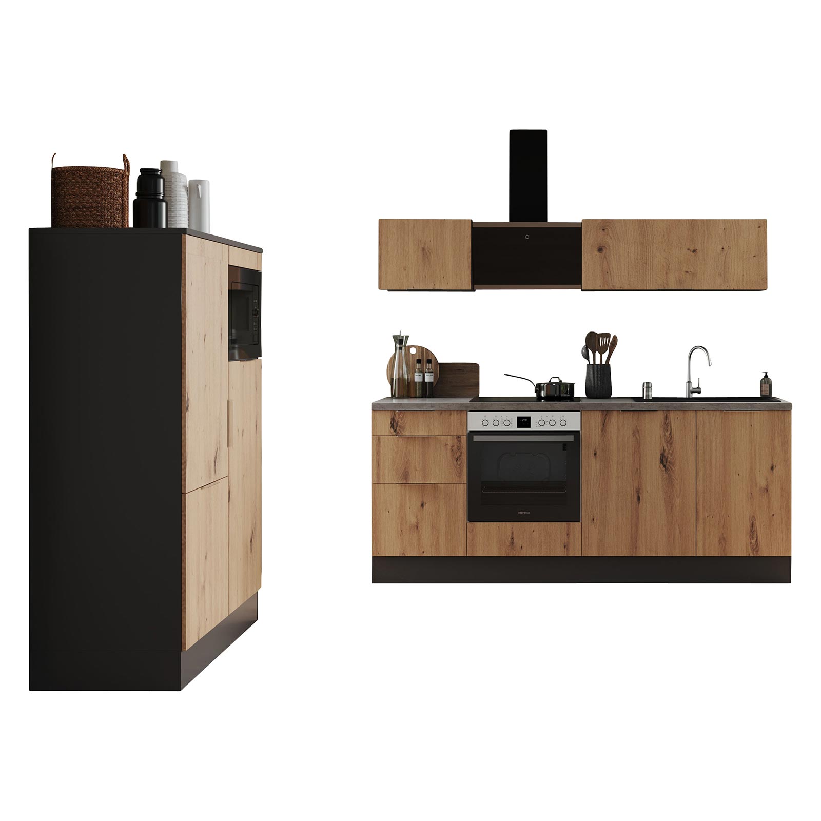 RESPEKTA Küchenblock - Artisan Eiche - grau matt - mit E-Geräten - 340 cm