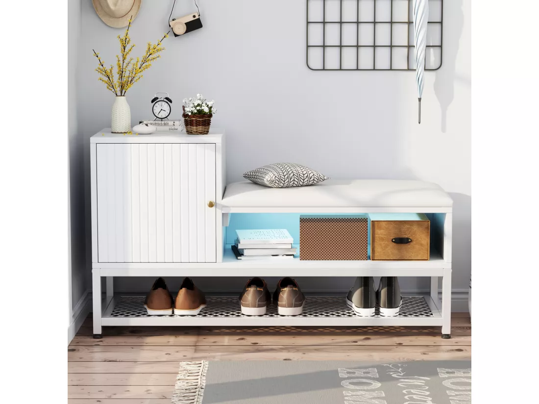Meuble à chaussures avec banc et 1 porte - 100 x 38 x 59,7 cm - LEDs - Panneaux de particules - Blanc
