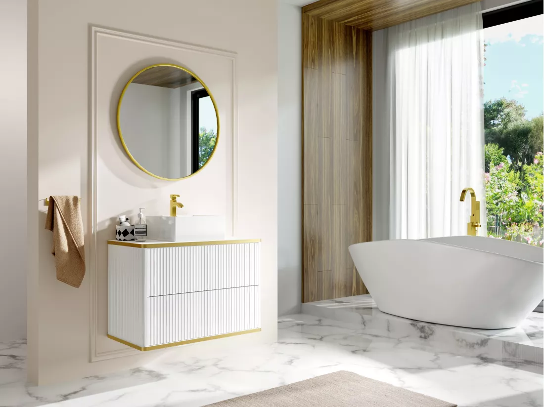 Meuble de salle de bain suspendu strié liseré doré avec vasque à poser carrée - Blanc - 80 cm - KELIZA