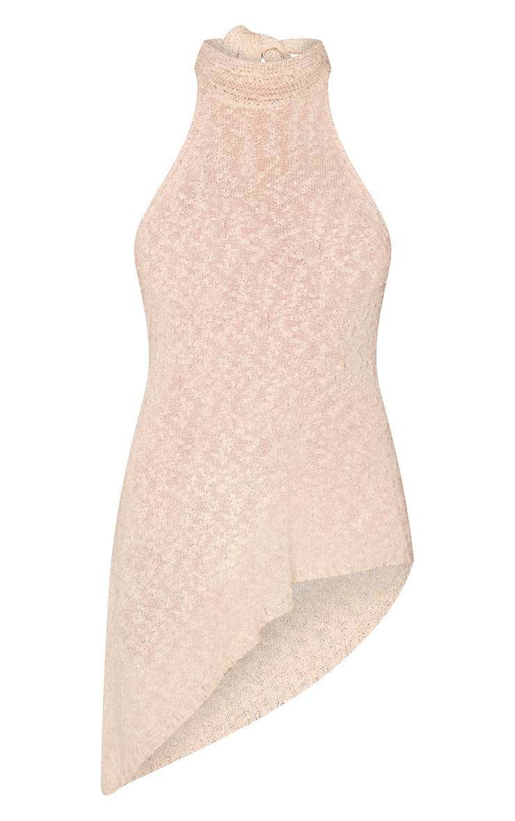 Beige Haut En Maille À Pompons Avec Col Licou Et Ourlet Asymétrique