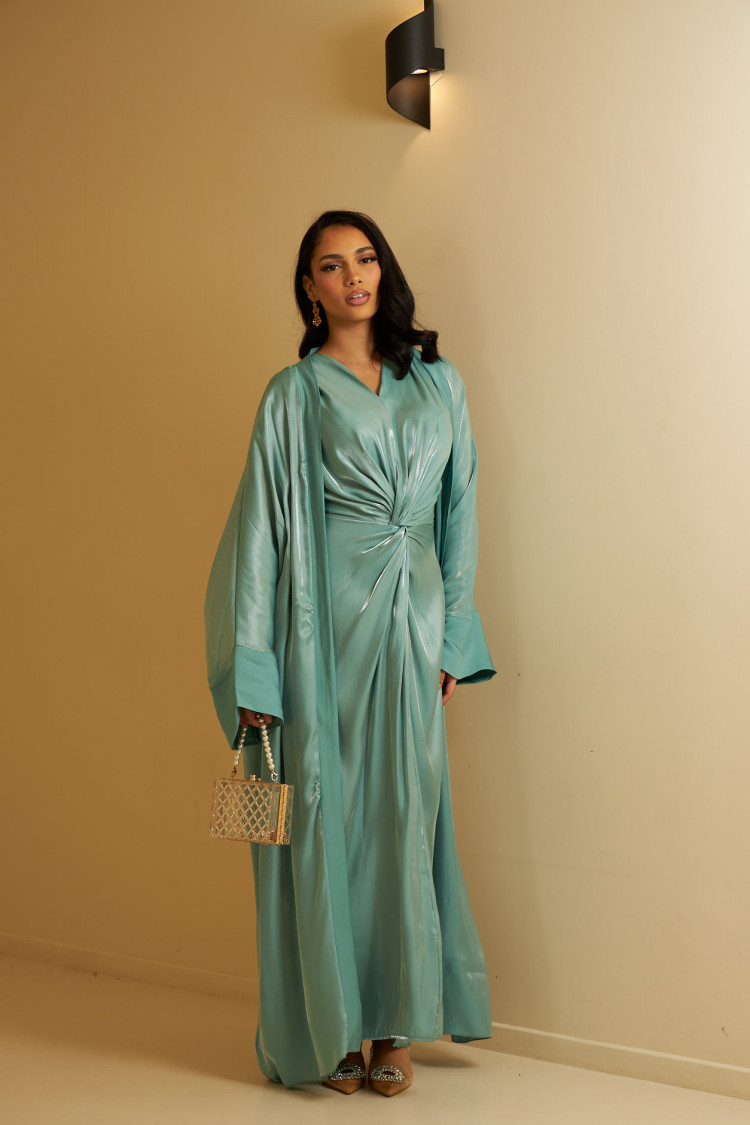 Ensemble 2 pièces abaya + gilet turquoise satinée