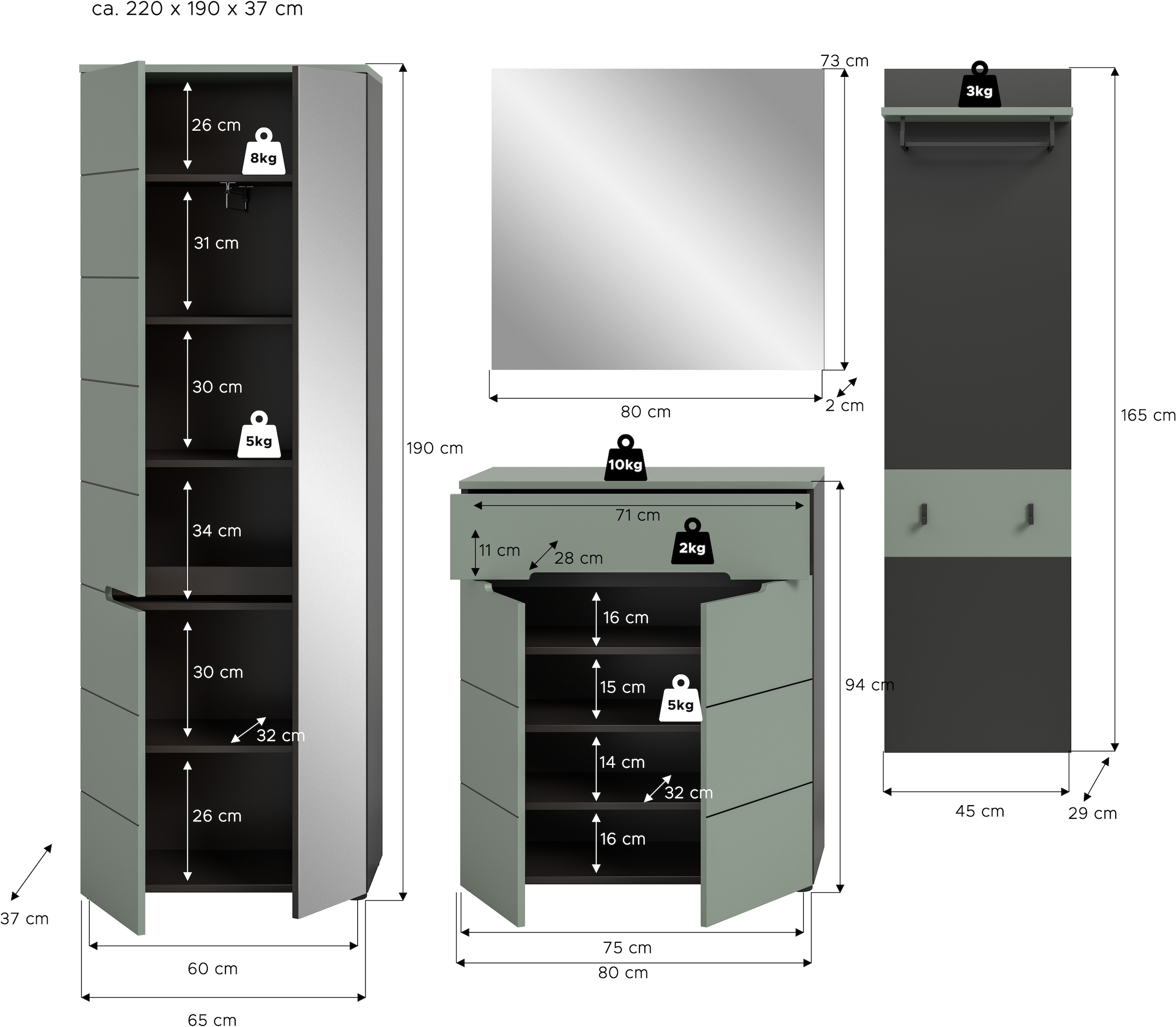 INOSIGN Garderoben-Set »REHAT, TOPSELLER!, 4-teilig, Breite 220 cm, individuell erweiterbar« Set, bestehend aus: Garderobenschrank, Kommode, Spiegel & Garderobenpaneel, 4 Stk. tlg.