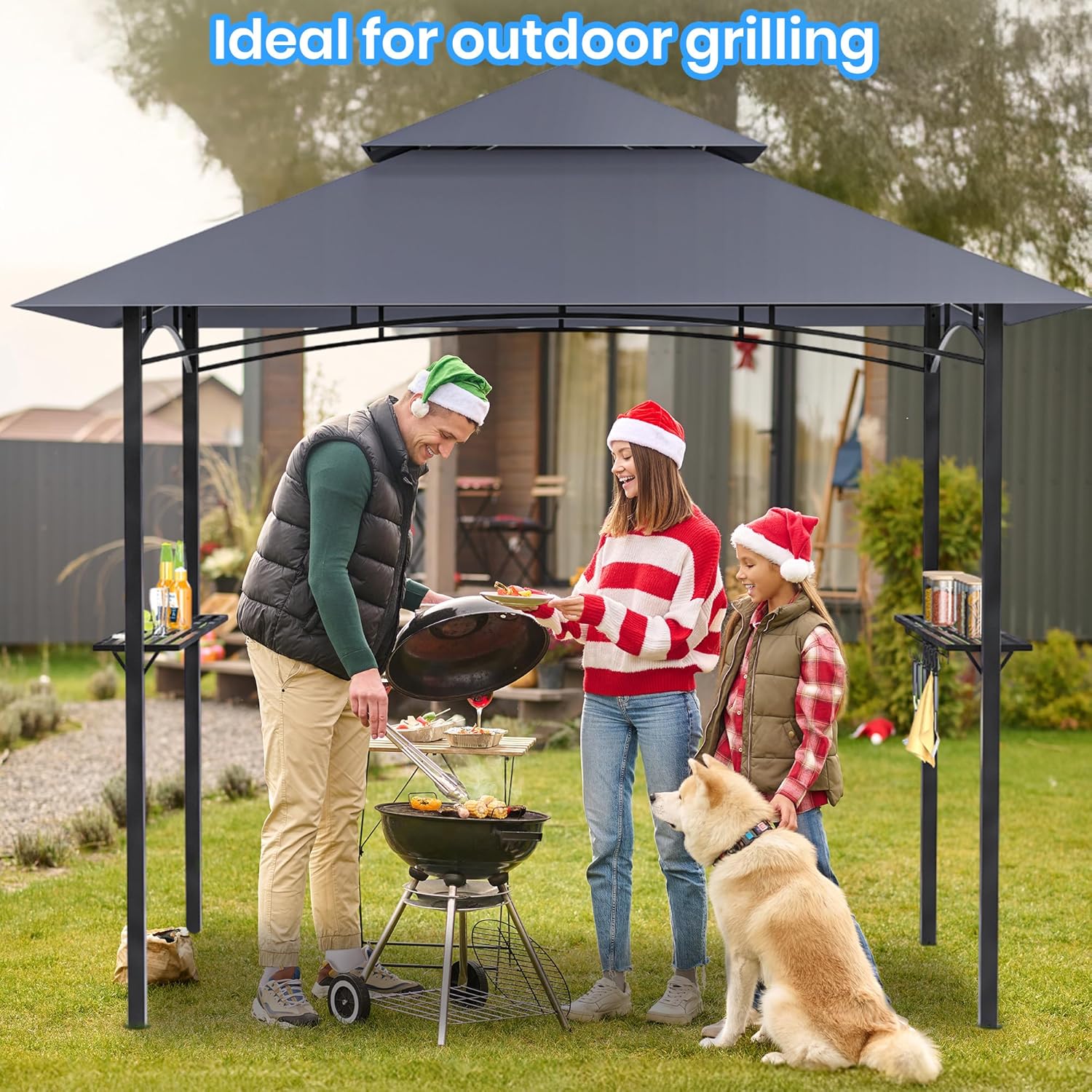 GVDV Grillpavillon 2,4 x 1,5 m – Wetterfeste Grillüberdachung mit 2-stufigem Dach, Ablagen, 10 Haken & Flaschenöffner – Grill Pavillon für Garten & BBQ, Dunkelgrau