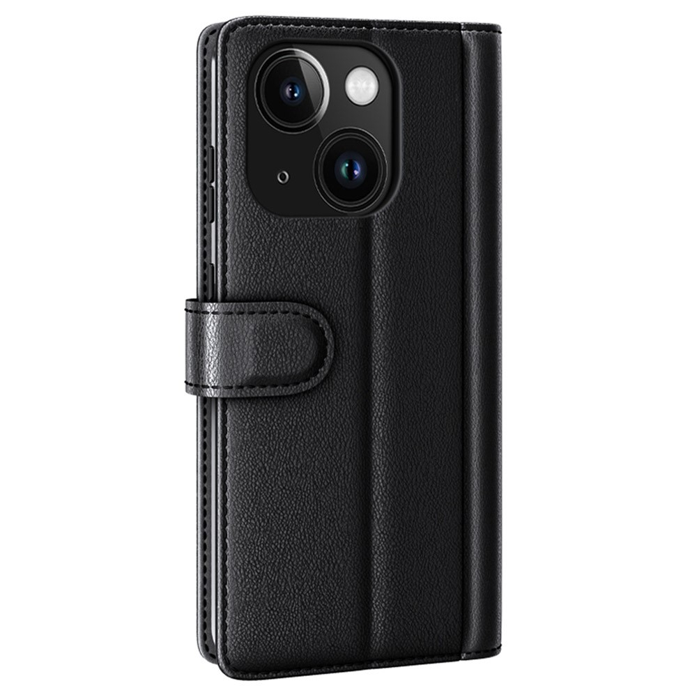 iPhone 15 Echtleder Tasche Flip Cover mit Kartenfächer - Schwarz