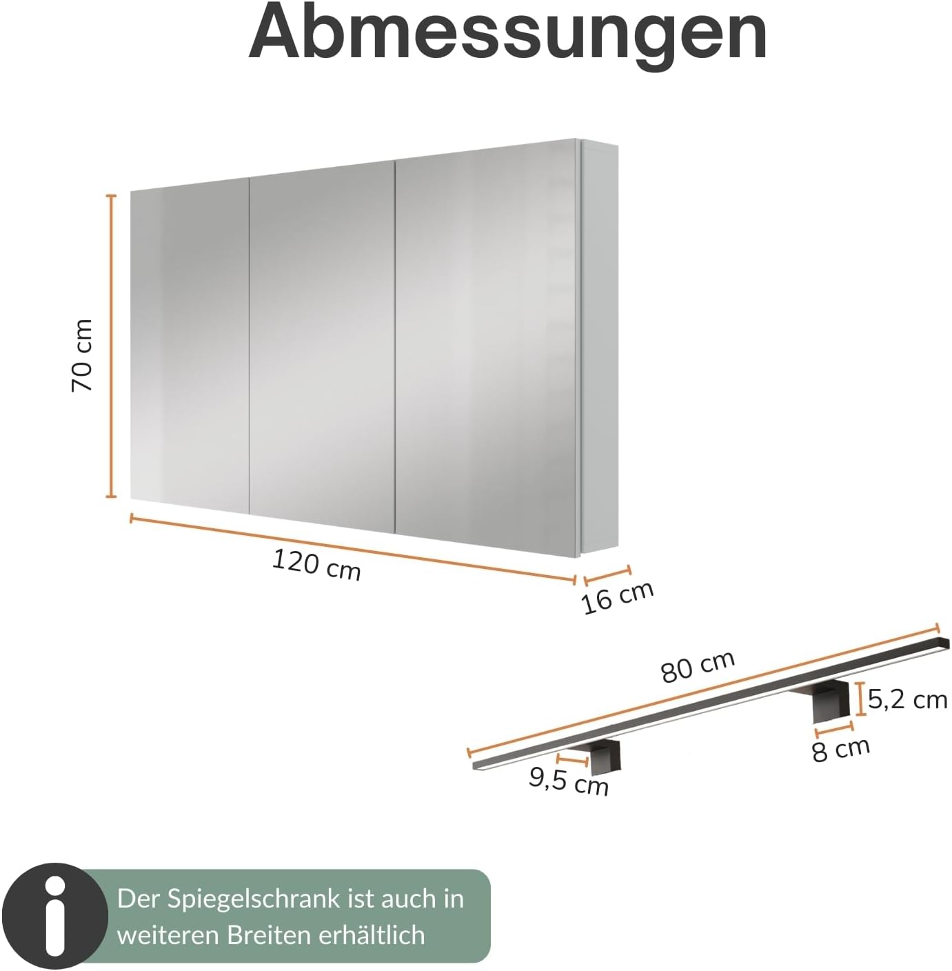 Planetmöbel ARIA Spiegelschrank Bad mit Beleuchtung 120 cm breit | Badschrank hängend mit Spiegel | Weiß Grau, mit Leuchte und Steckdose, Spiegelschrank Gäste WC 120 x 70 x 16 cm
