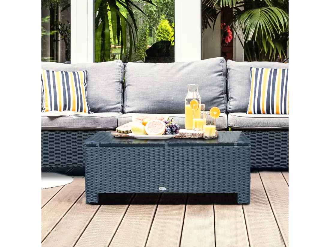 Table basse de jardin plateau verre trempé 5 mm rotin tressé 85 x 50 x 39cm Max. 50 kg noir