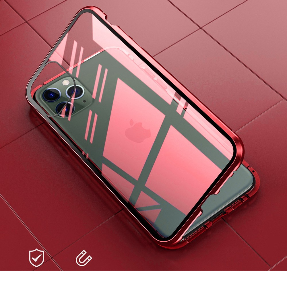 iPhone 15 Pro Max Magnetische Alu Schutzhülle mit Panzer Glas Backcover   Displayschutz (Magnet-Technologie) - Rot