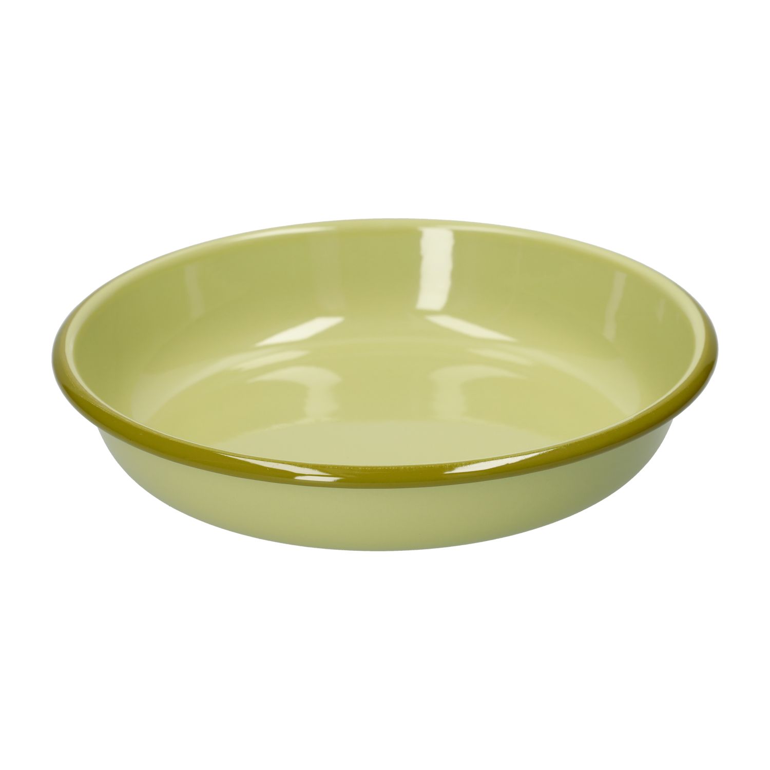 Diep bord, emaille, lichtgroen met olijfgroen randje, Ø22 CM
