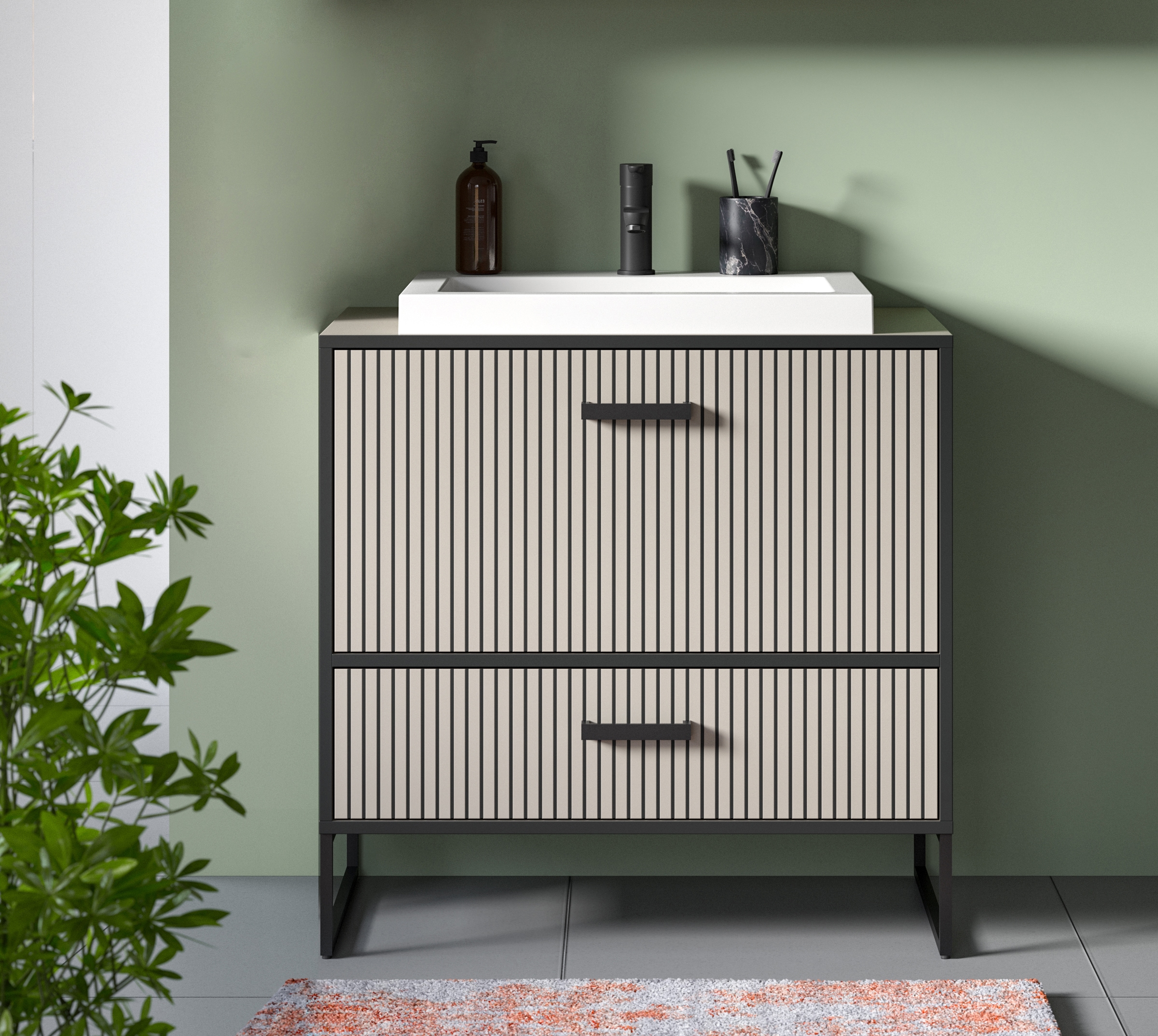 welltime Waschbeckenunterschrank »Locri, Höhe 84 cm, Rillenoptik, Metallkufen« 2 Stk. tlg. Aufsatzwaschbecken, modernes Design, Unterschrank, Badschrank, Bad