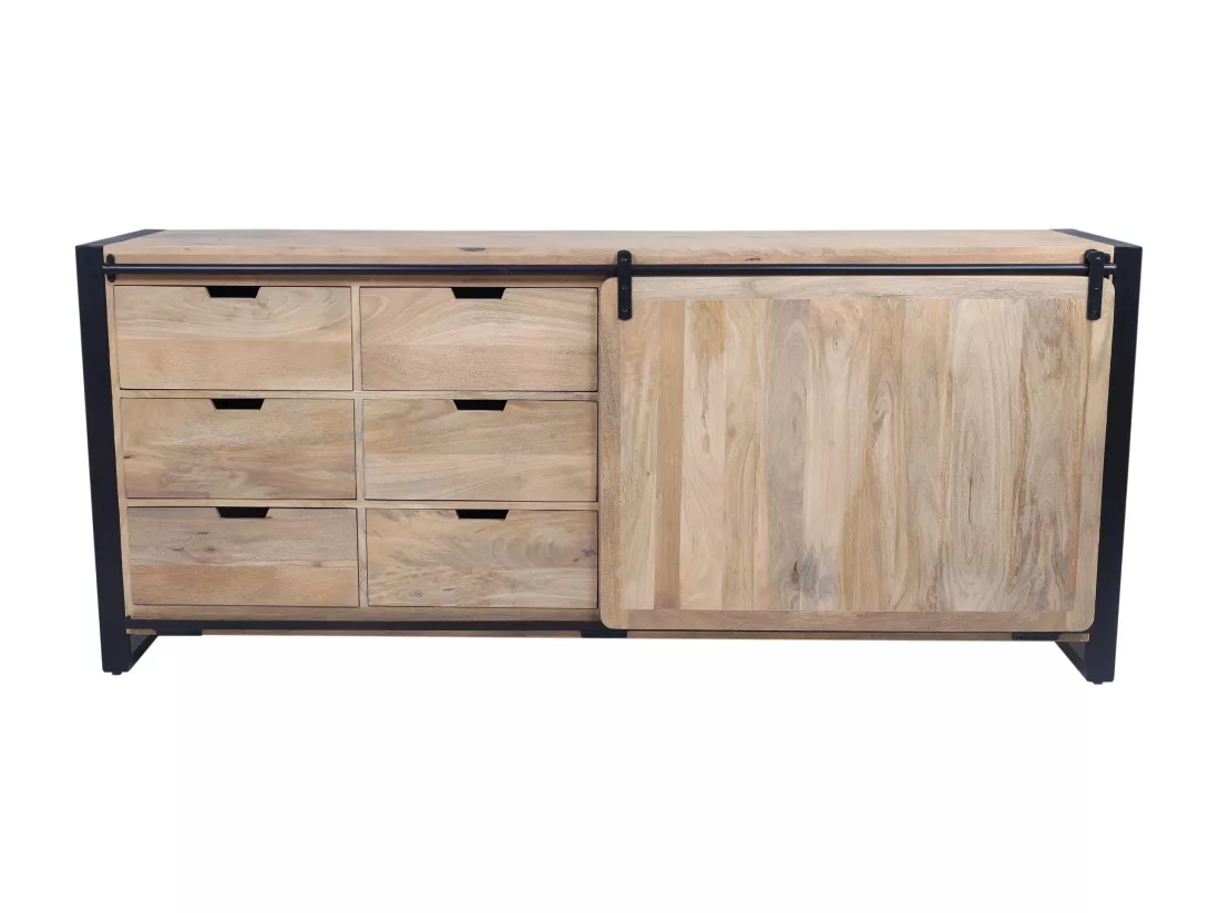 Buffet avec 1 porte et 6 tiroirs en bois de manguier et métal - Naturel et noir - HARLEM II
