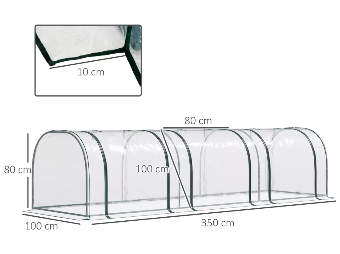 Serre de jardin tunnel 3,5L x 1l x 0,8H m 3 portes zippées bâche PVC transparent métal époxy vert