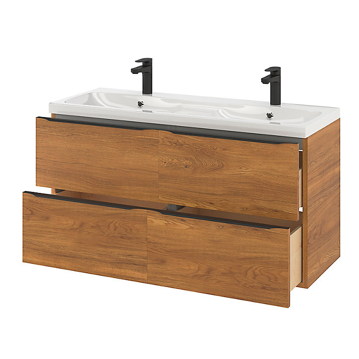 Ensemble salle de bains l.120 cm meuble à suspendre Imandra décor noyer + plan double vasque résine blanc