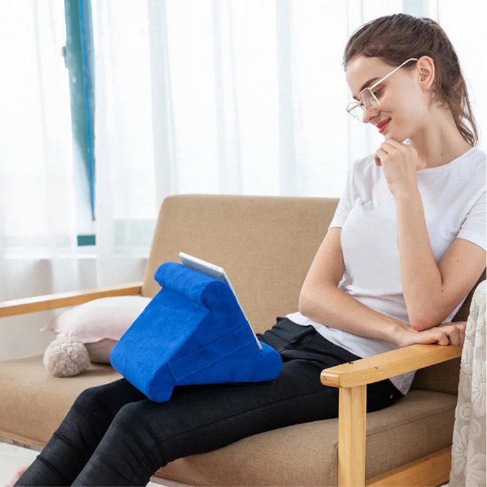 Schaumstoff Kissen Halterung mit kleiner Gittergewebe-Tasche für Tablet / Smartphone - Saphirblau