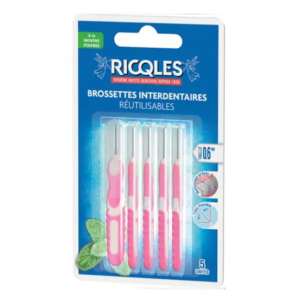 Escovas interdentais reutilizáveis Ricqles 0,6 mm, pacote com 5 unidades.