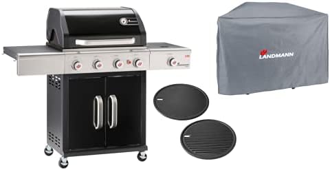 Landmann Gasgrill Triton 4.1 maxX - Kickstarter-Paket mit Grillplatte + Wetterschutzhaube | Premium Gasgrill mit doppelwandigem Deckel inkl. Thermometer | Landmann PTS-System [Schwarz]